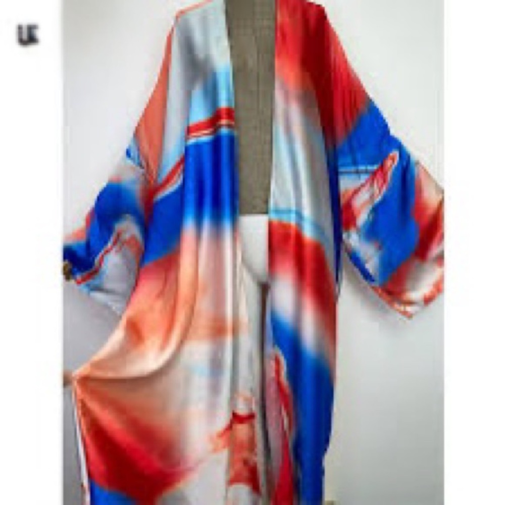 Colorful Satin Kimono Robe - Red, Blue & Cream - Picture 2 of 2